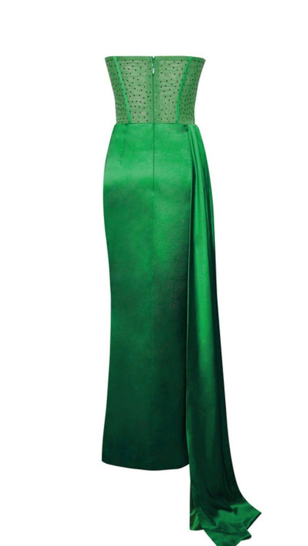 AIIZIE HOLLY GREEN CRYSTALLIZED CORSET HIGH SLIT SATIN GOWN - product image