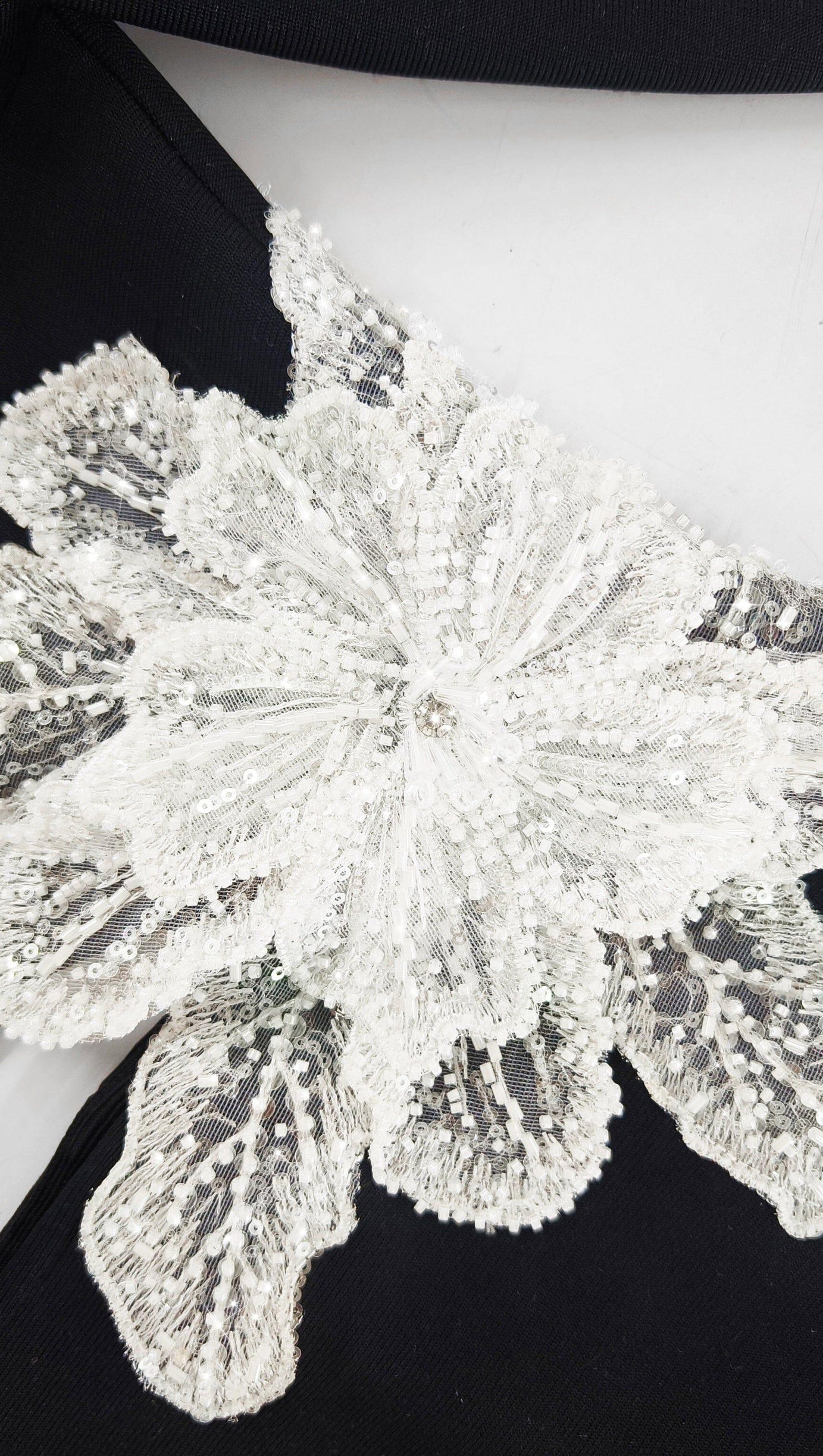 FLOWER APPLIQUE ONE SHOULDER MIDI DRESS  IN BLACK