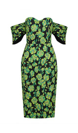 JACQUARD STRAPLESS MIDI DRESS IN GREEN