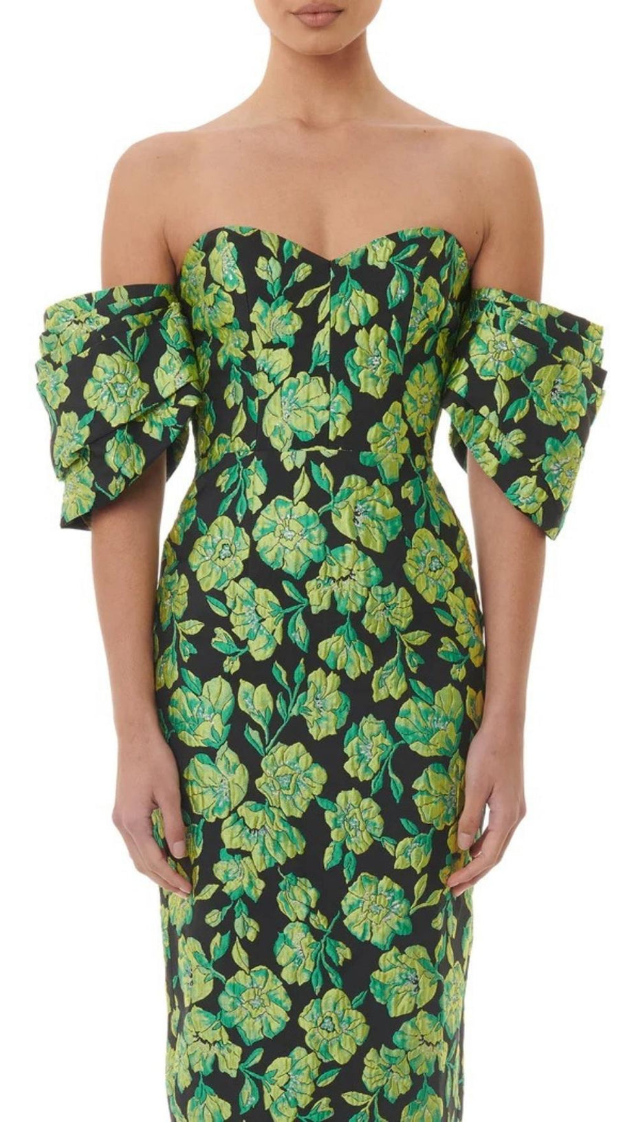 JACQUARD STRAPLESS MIDI DRESS IN GREEN
