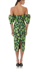 JACQUARD STRAPLESS MIDI DRESS IN GREEN