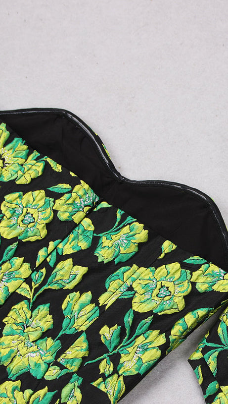 JACQUARD STRAPLESS MIDI DRESS IN GREEN