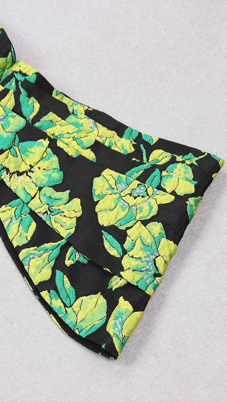 JACQUARD STRAPLESS MIDI DRESS IN GREEN