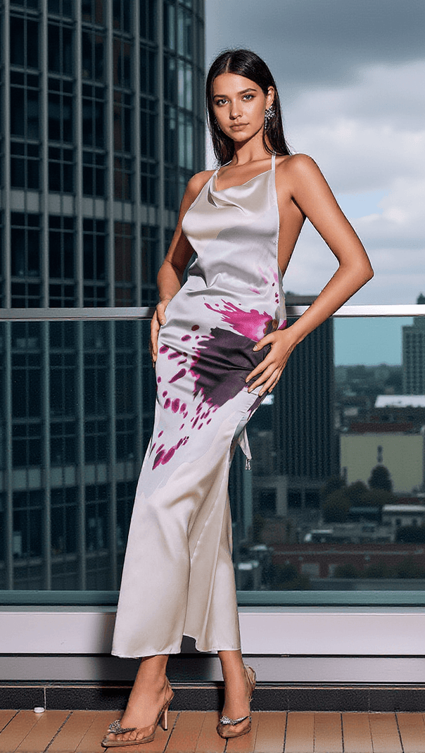 AIIZIE FAGOR BACKLESS FLORAL SATIN MAXI DRESS - product image