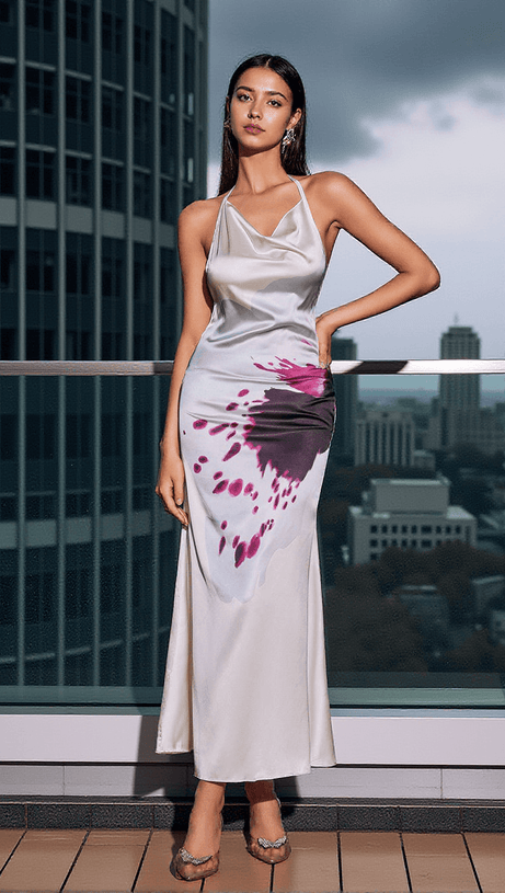 Fagor – Rückenfreies Maxikleid aus Satin mit Blumenmuster