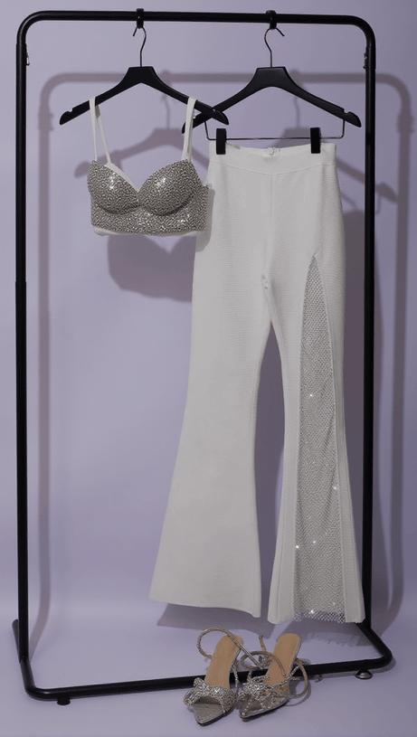 PANTALONI DELLA MESH DIAMOND BANDAGE IN BIANCO