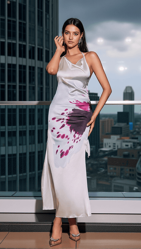 Fagor – Rückenfreies Maxikleid aus Satin mit Blumenmuster