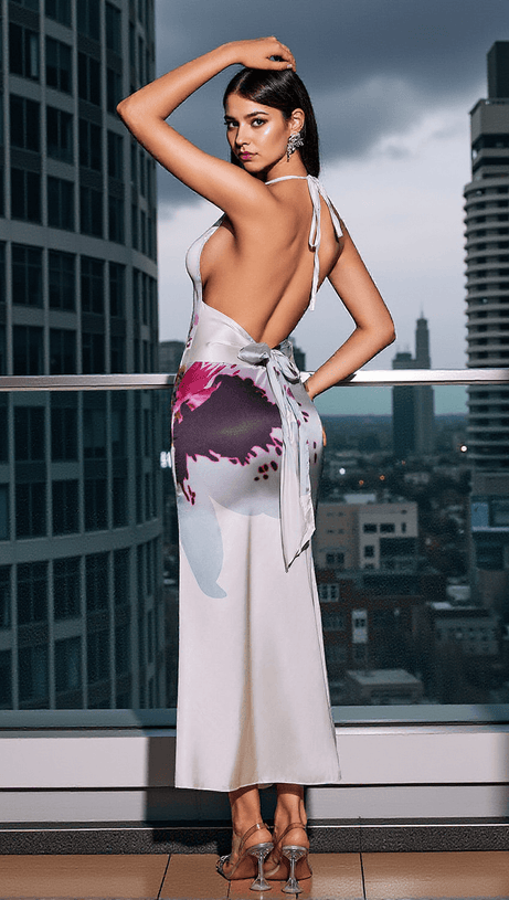 Fagor – Rückenfreies Maxikleid aus Satin mit Blumenmuster