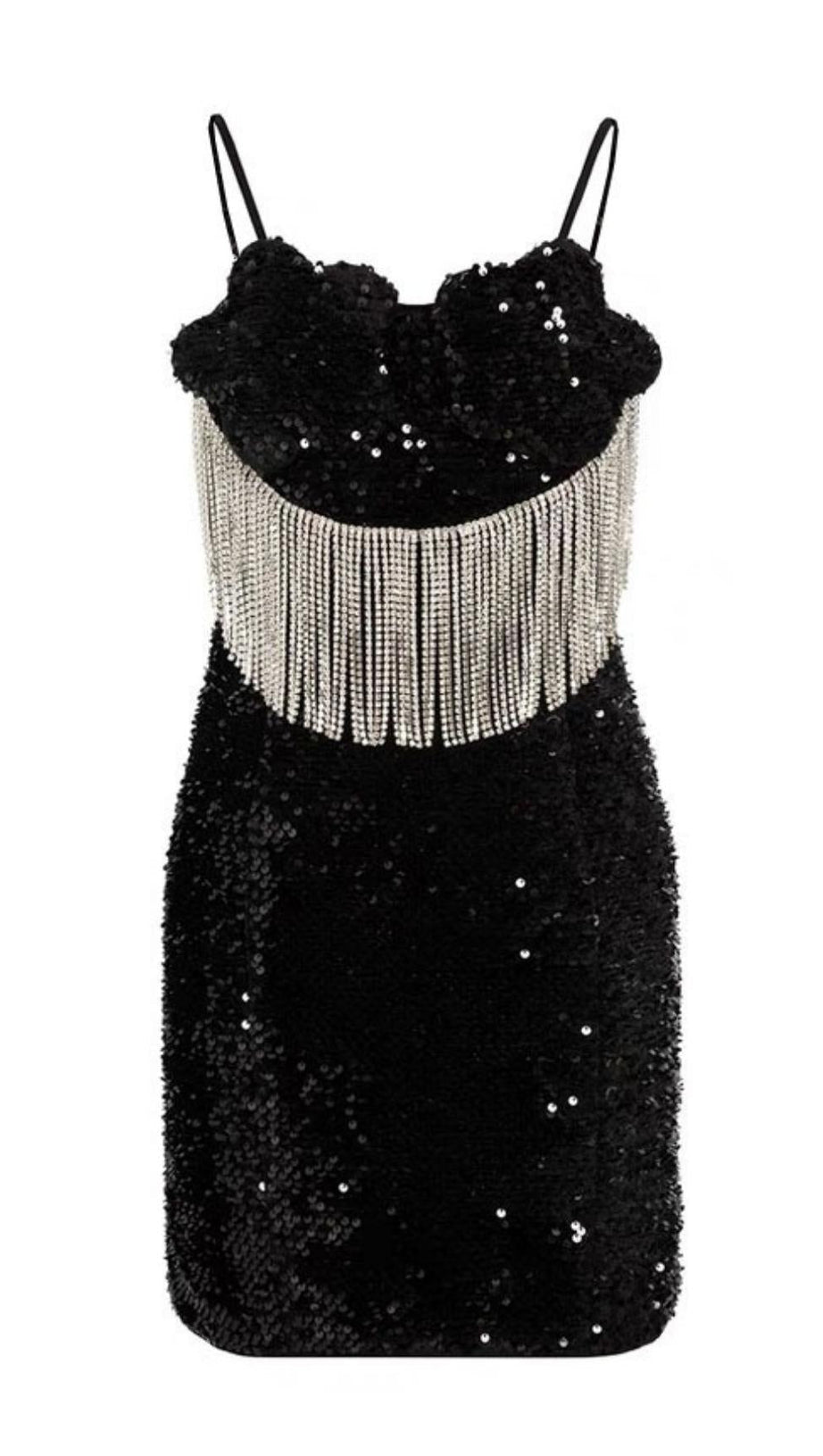 MINIKLEID MIT PAILLETTEN UND FRANSEN IN SCHWARZ