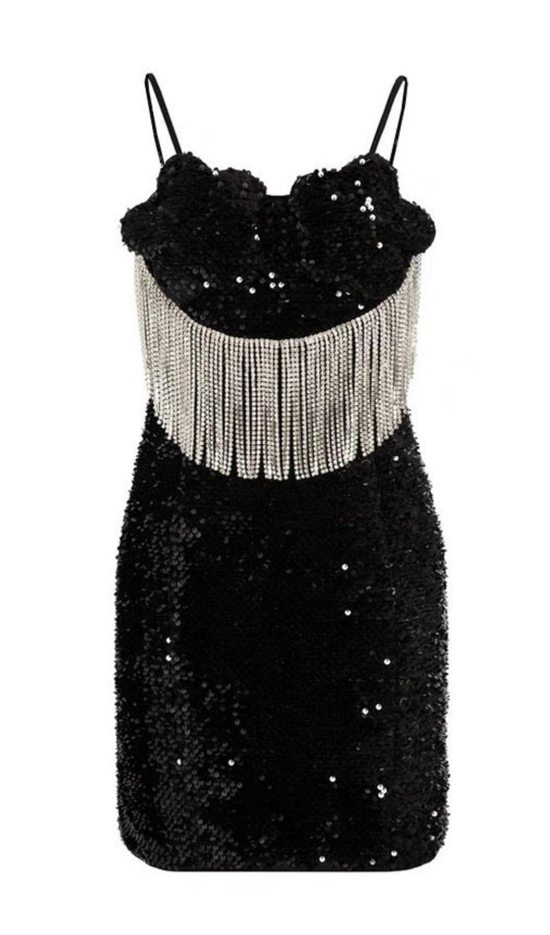 FRINGED SEQUIN MINI DRESS IN BLACK