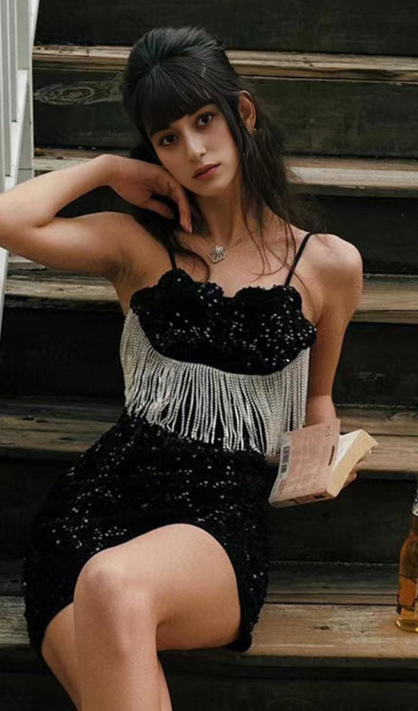 FRINGED SEQUIN MINI DRESS IN BLACK