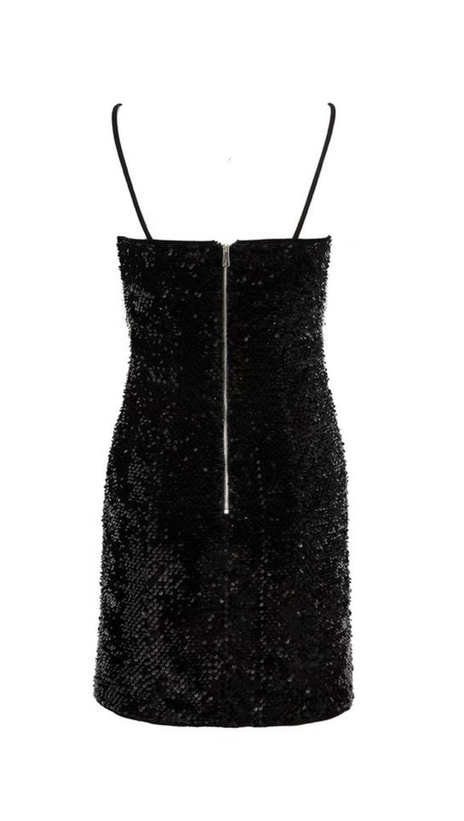 FRINGED SEQUIN MINI DRESS IN BLACK