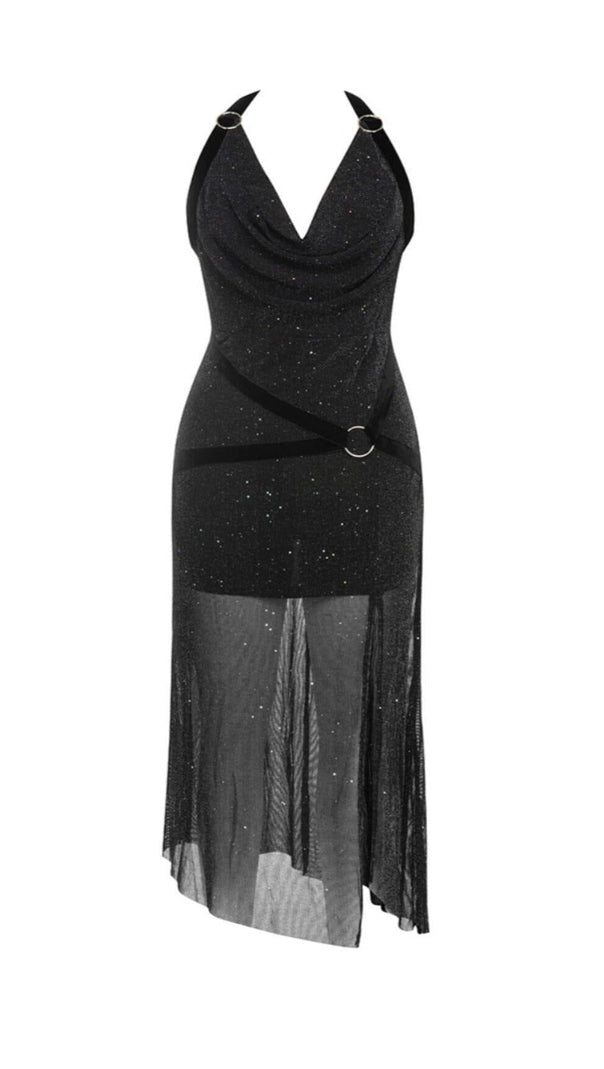 DRAPIERTES, RÜCKENFREIES, GESPLITTETES NECKHOLDER-KLEID MIT GLITZER