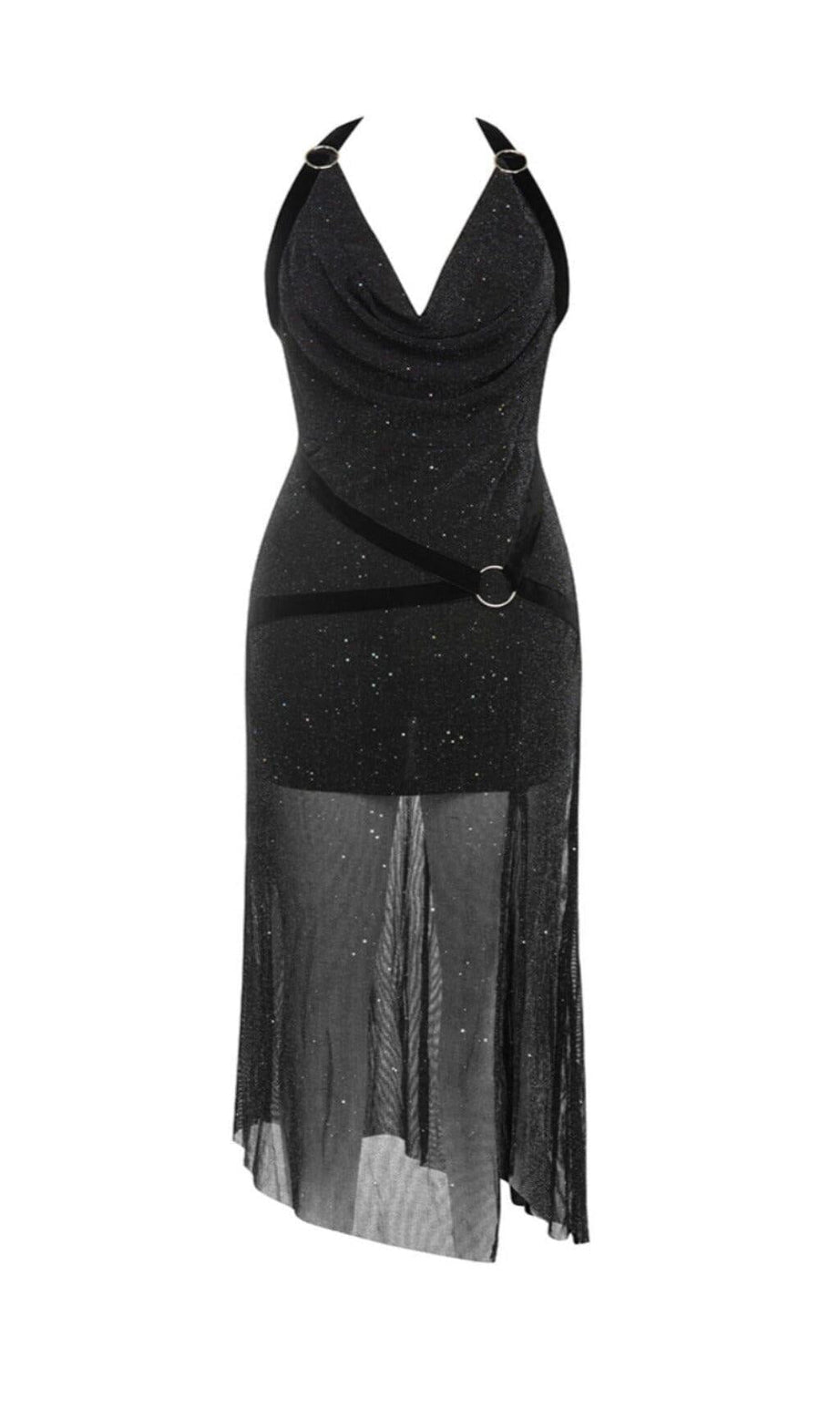 ABITO CON SPACCO SULLA COSCIA, DRAPPEGGIATO, CON SPACCO SULLA SCHIENA E GLITTER