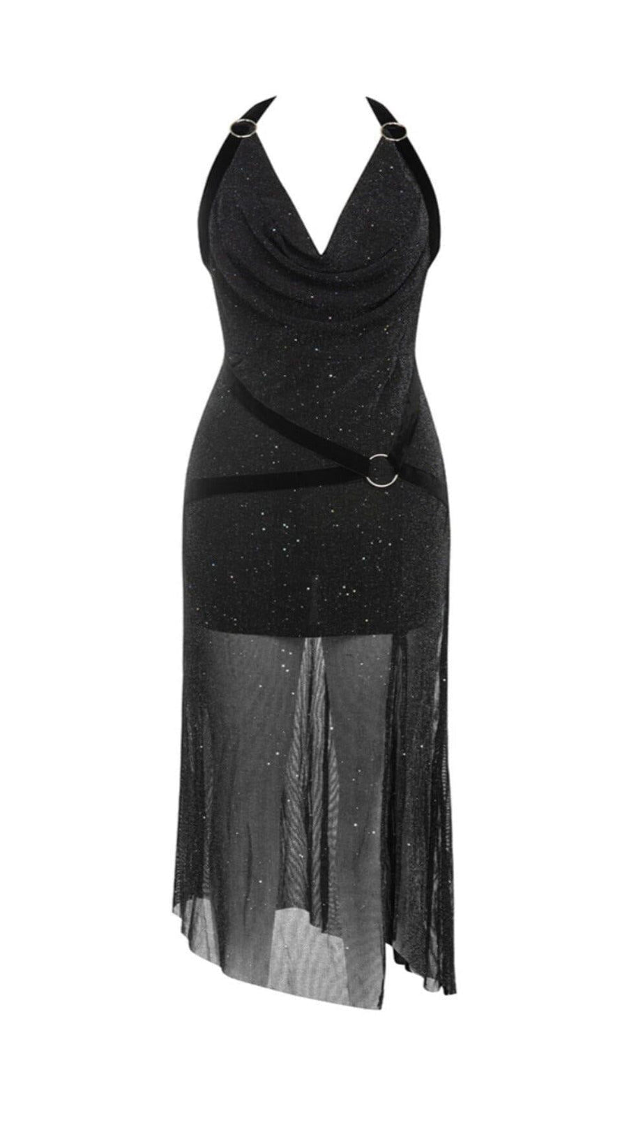 DRAPED FRONT BACKLESS SPLIT THIGH GLITTER HALTER DRESS