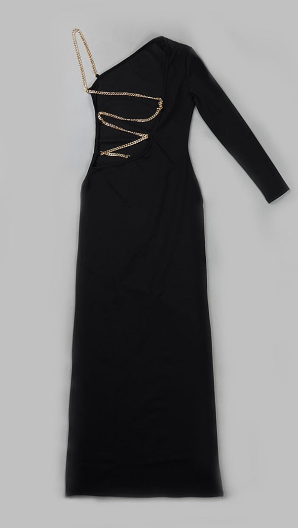 RÜCKENFREIES MAXIKLEID MIT EINER SCHULTER IN SCHWARZ