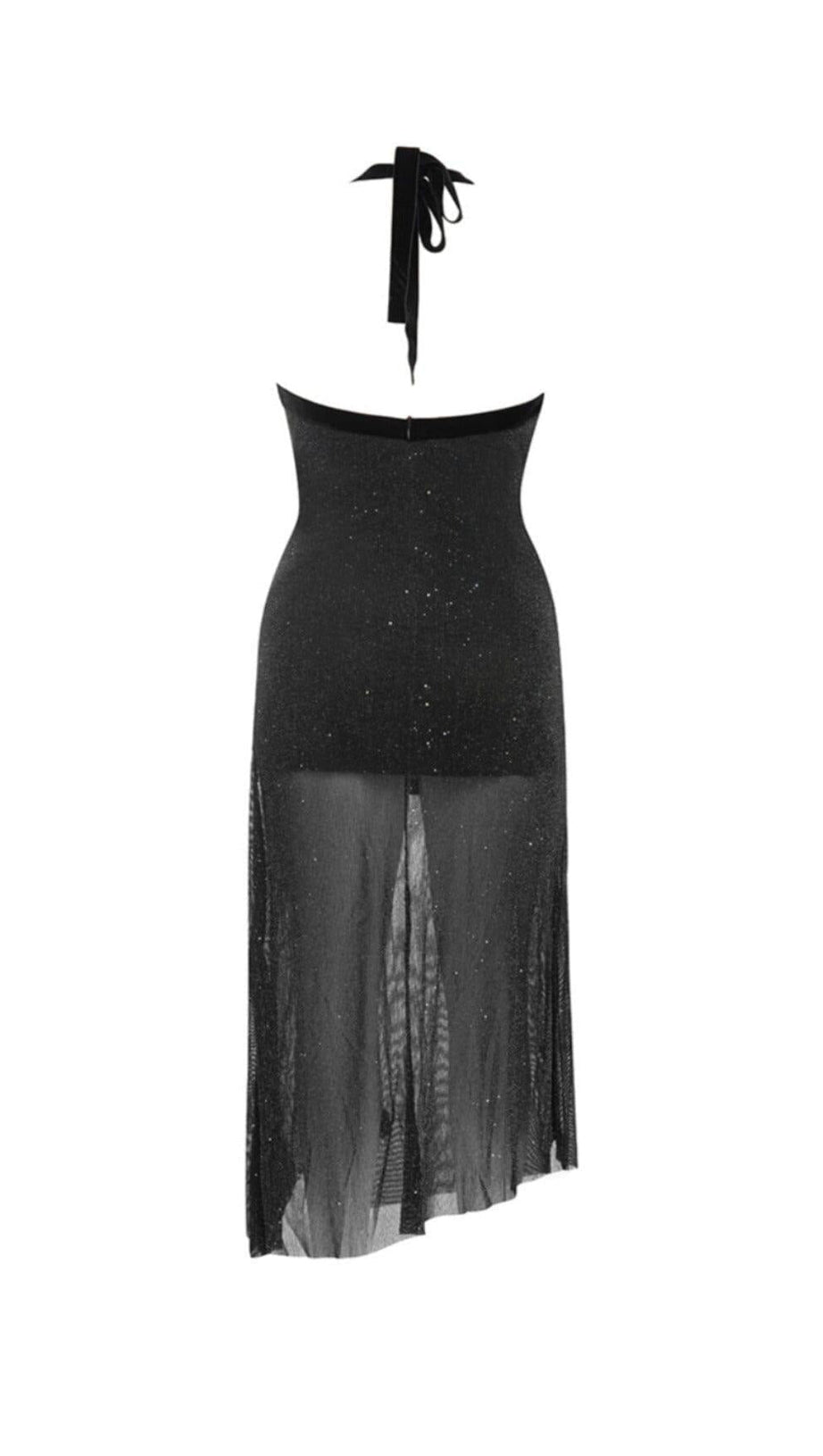 DRAPED FRONT BACKLESS SPLIT THIGH GLITTER HALTER DRESS