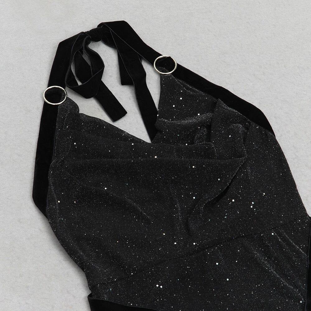 DRAPIERTES, RÜCKENFREIES, GESPLITTETES NECKHOLDER-KLEID MIT GLITZER