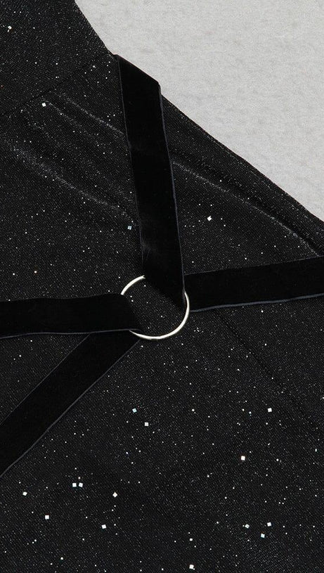 DRAPED FRONT BACKLESS SPLIT THIGH GLITTER HALTER DRESS