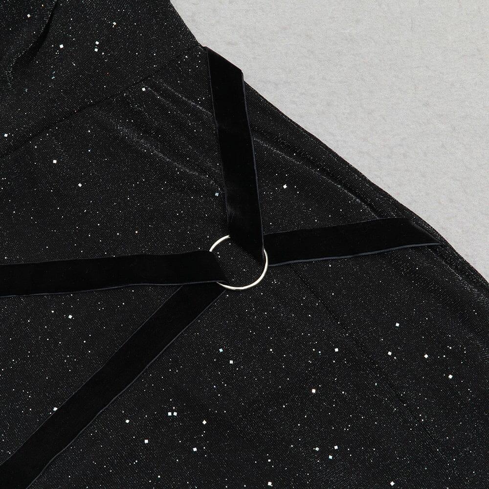 DRAPIERTES, RÜCKENFREIES, GESPLITTETES NECKHOLDER-KLEID MIT GLITZER