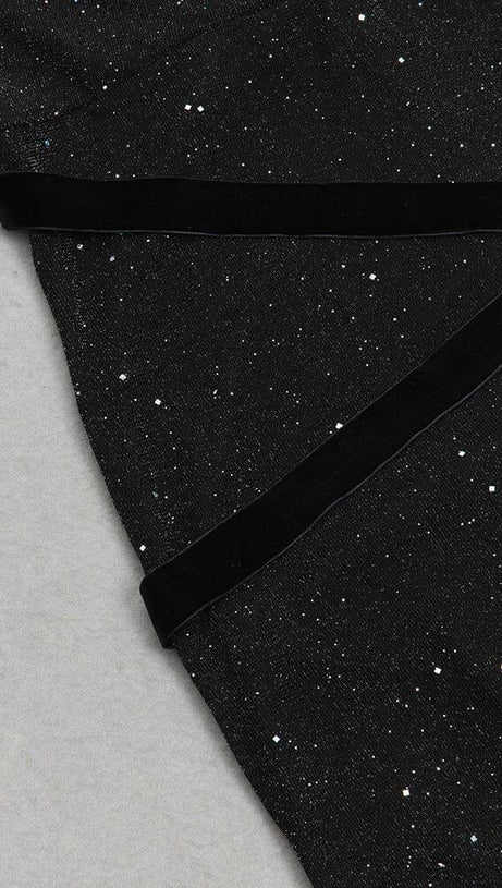 DRAPED FRONT BACKLESS SPLIT THIGH GLITTER HALTER DRESS