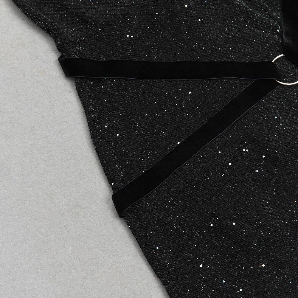 DRAPIERTES, RÜCKENFREIES, GESPLITTETES NECKHOLDER-KLEID MIT GLITZER