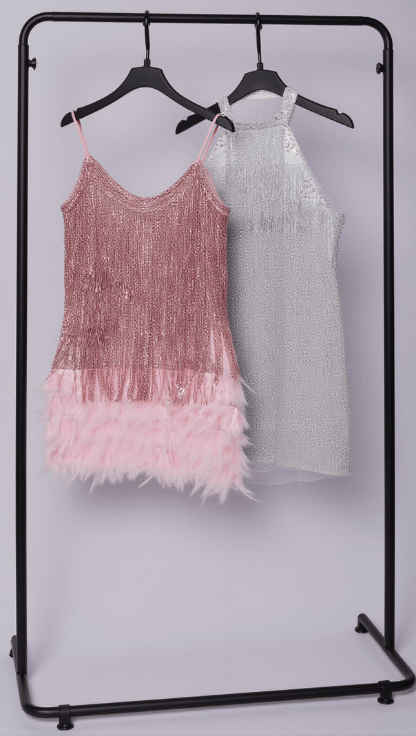MINI ABITO AUSTYN CON NAPPINE E PIUME ROSA