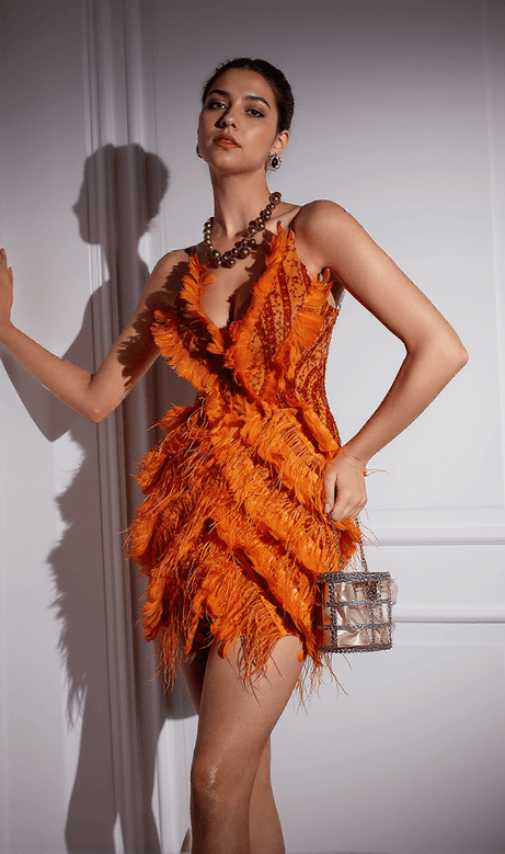 Theia Feather Trimmed Embroidered Mini Dress