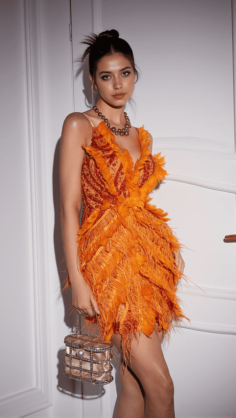 Theia – Besticktes Minikleid mit Federbesatz