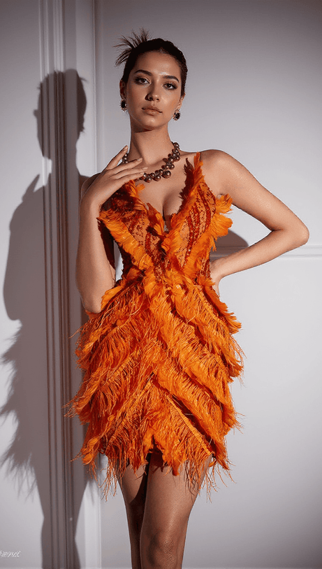 Theia – Besticktes Minikleid mit Federbesatz