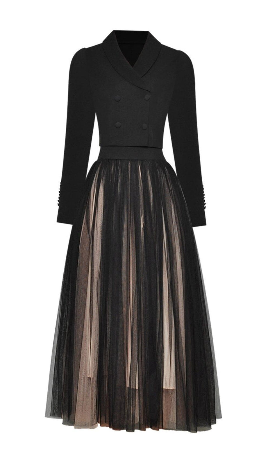 DOUBLE-BREASTED LONG-SLEEVED BLAZER AND WAISTED MESH DRESS