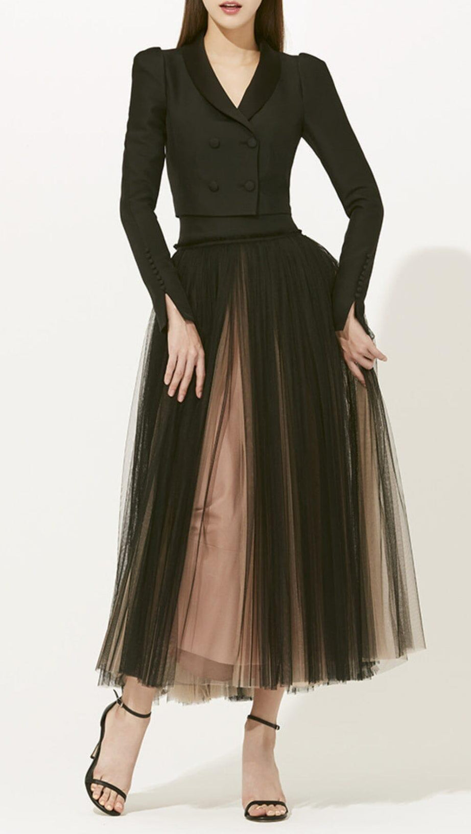 DOUBLE-BREASTED LONG-SLEEVED BLAZER AND WAISTED MESH DRESS