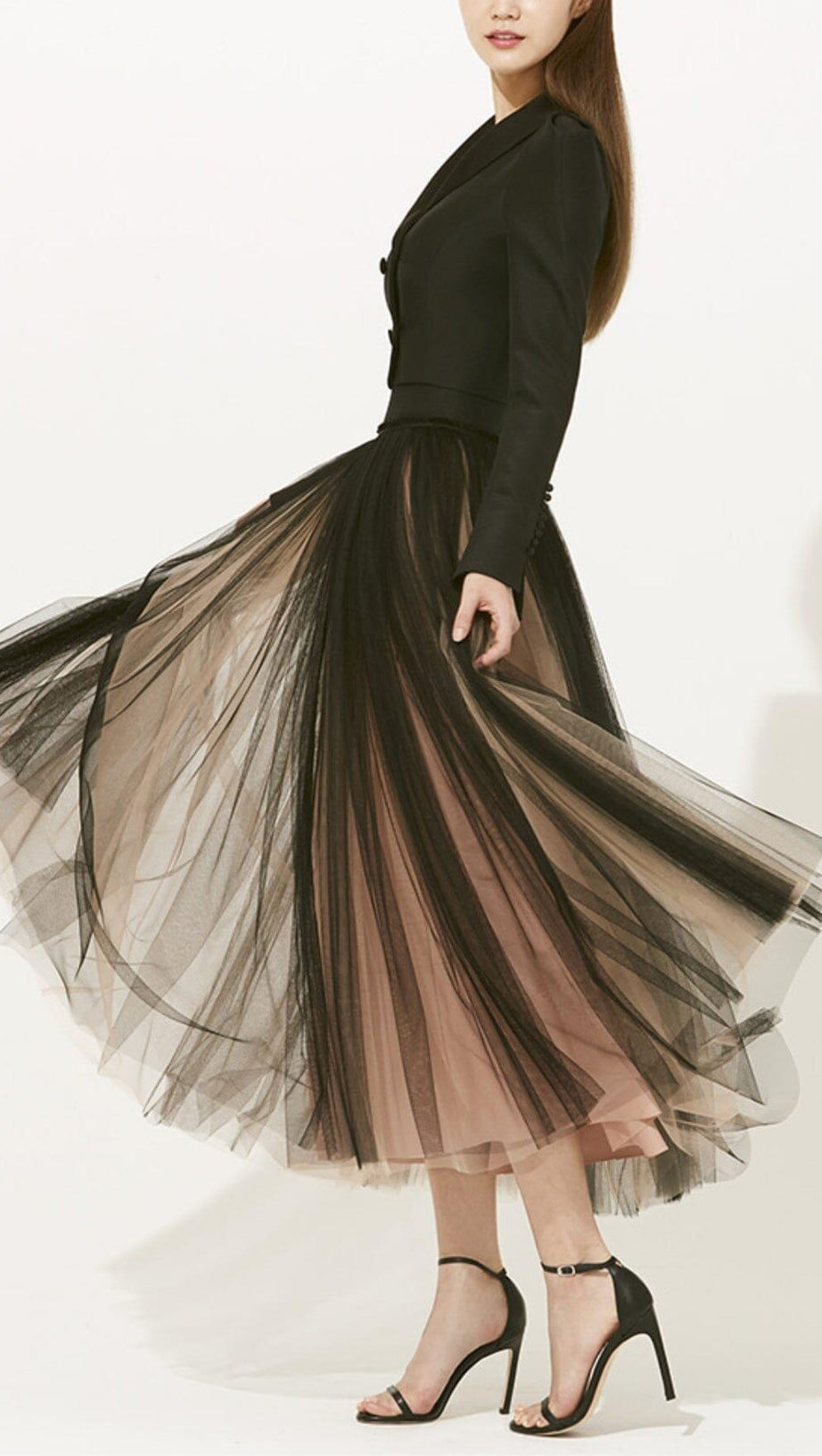 DOUBLE-BREASTED LONG-SLEEVED BLAZER AND WAISTED MESH DRESS