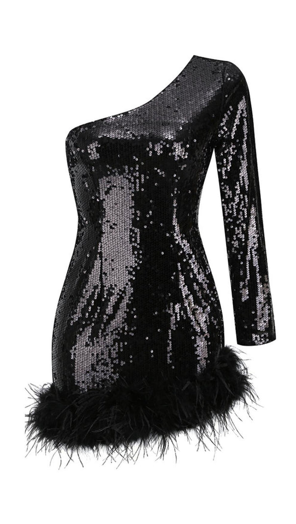 AIIZIE ONE SHOULDER SEQUIN MINI DRESS IN BLACK - product image