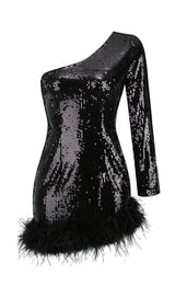 ONE SHOULDER SEQUIN MINI DRESS IN BLACK