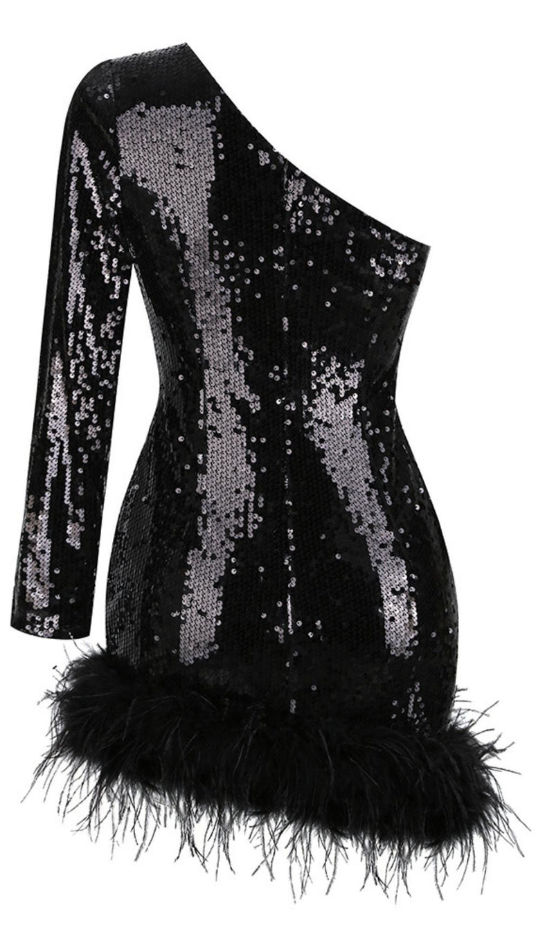 ONE SHOULDER SEQUIN MINI DRESS IN BLACK