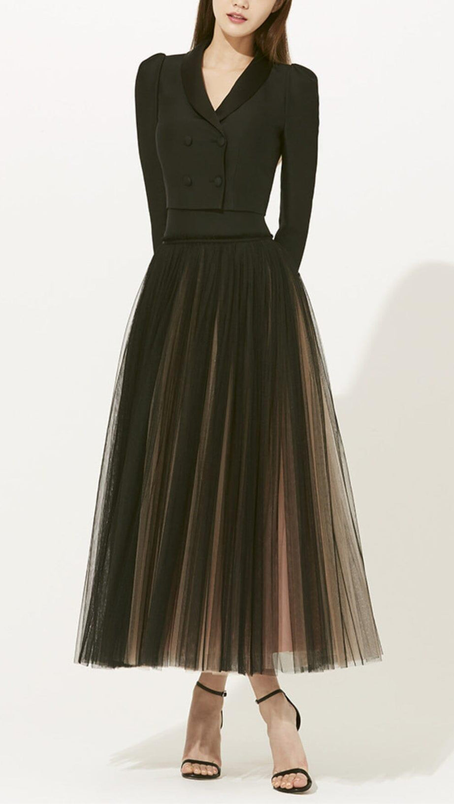 DOUBLE-BREASTED LONG-SLEEVED BLAZER AND WAISTED MESH DRESS