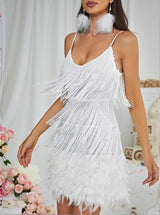 Austyn Tassel Feather Mini Dress In White