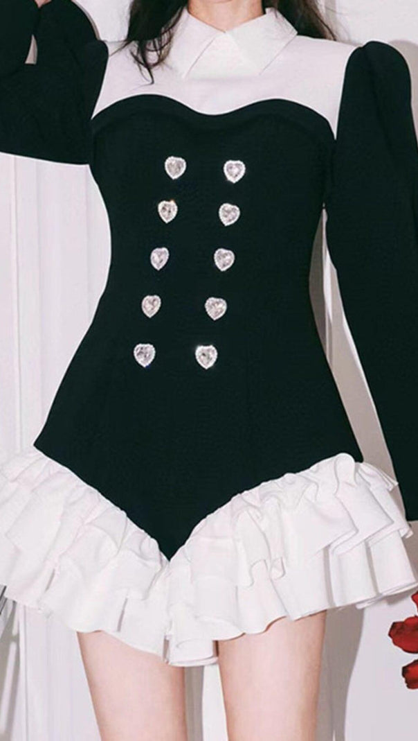AIIZIE DIAMOND SPLICED COLOR LAPEL TEMPERAMENT RUFFLES DRESS - product image