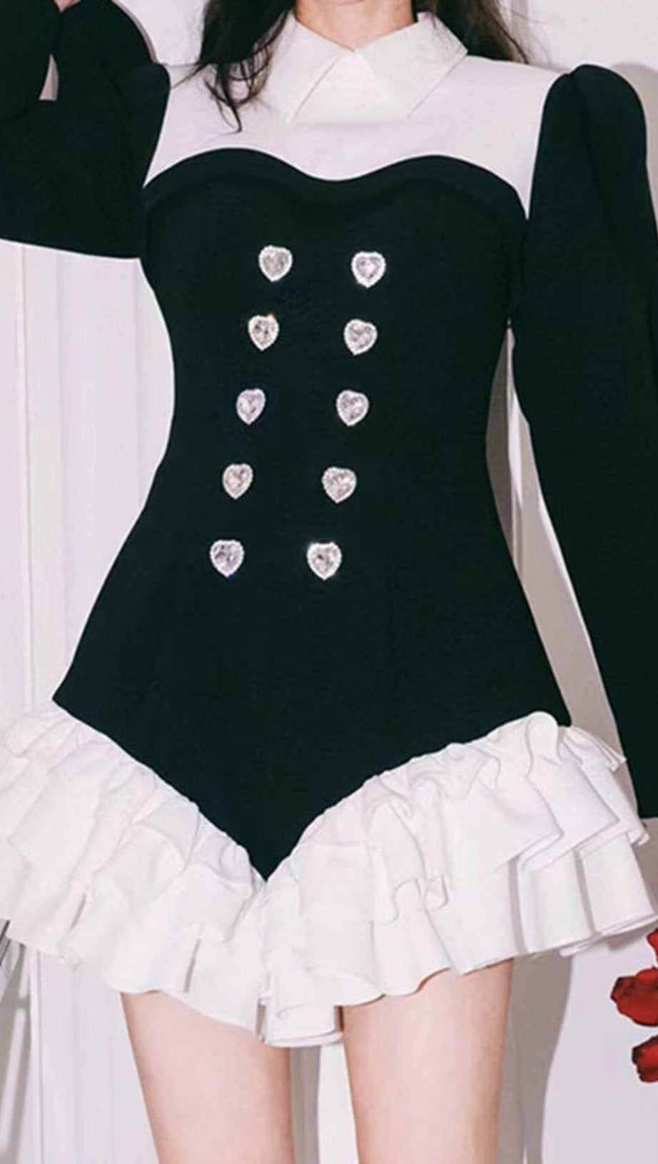 DIAMOND SPLICED COLOR LAPEL TEMPERAMENT RUFFLES  DRESS