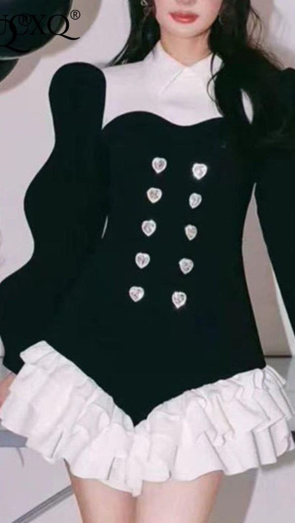 AIIZIE DIAMOND SPLICED COLOR LAPEL TEMPERAMENT RUFFLES DRESS - product image