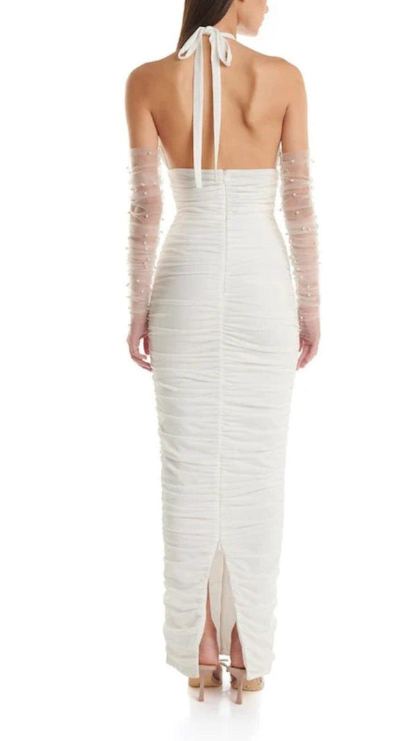 AIIZIE WHITE 3D FLORAL CIRCLE NECK BANDAGE MAXI DRESS - product image
