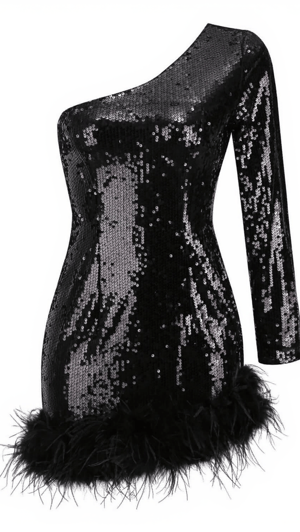 AIIZIE ROMY ONE SHOULDER SEQUIN FEATHER MINI DRESS - product image