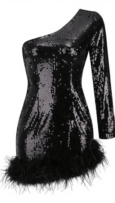 ABITO CORTO CON PIUME E PAILLETTES MONOSPALLA ROMY