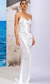 WHITE SATIN STRAPLESS DRAPED SLIM MAXI DRESS