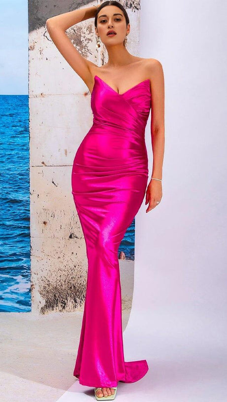 WHITE SATIN STRAPLESS DRAPED SLIM MAXI DRESS