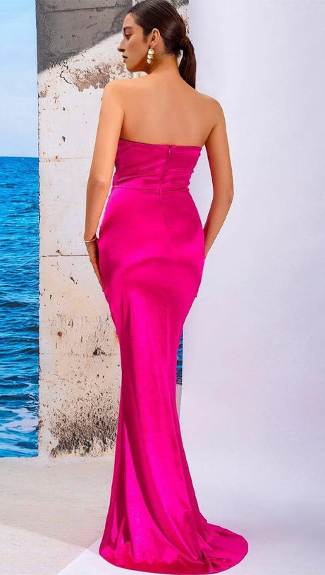 WHITE SATIN STRAPLESS DRAPED SLIM MAXI DRESS