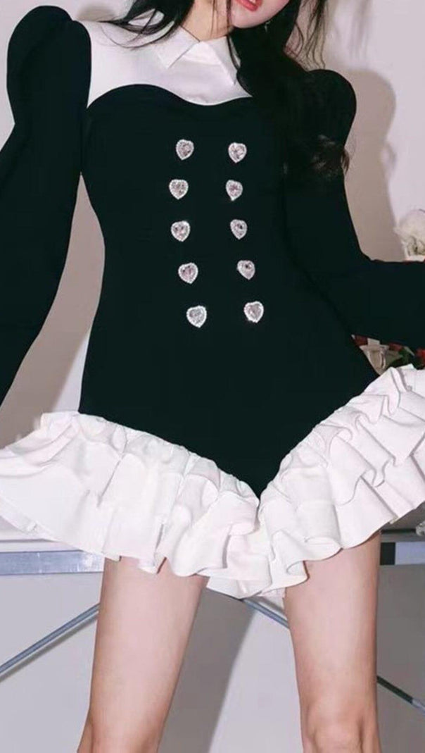 AIIZIE DIAMOND SPLICED COLOR LAPEL TEMPERAMENT RUFFLES DRESS - product image