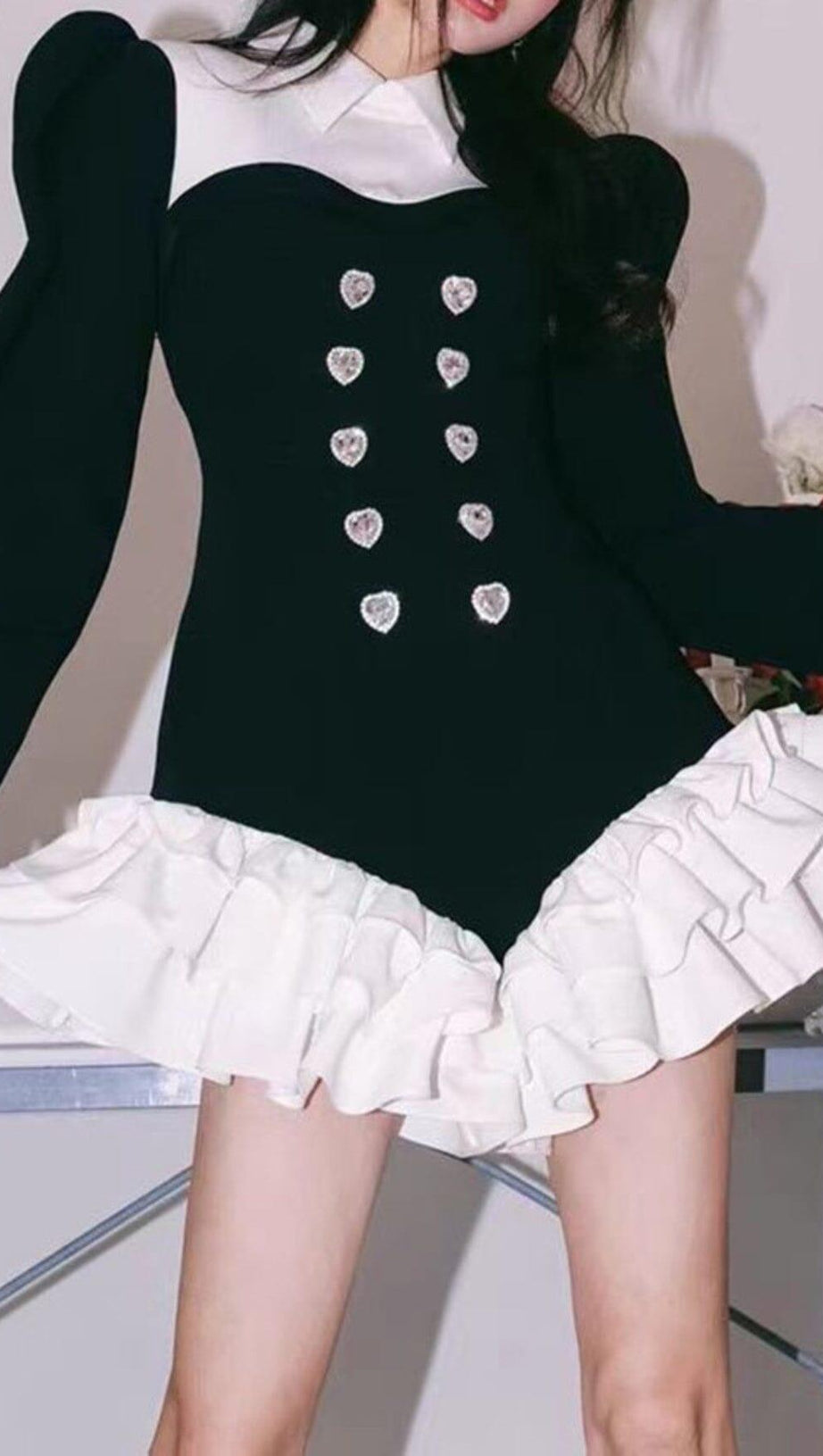 DIAMOND SPLICED COLOR LAPEL TEMPERAMENT RUFFLES  DRESS