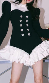 DIAMOND SPLICED COLOR LAPEL TEMPERAMENT RUFFLES  DRESS